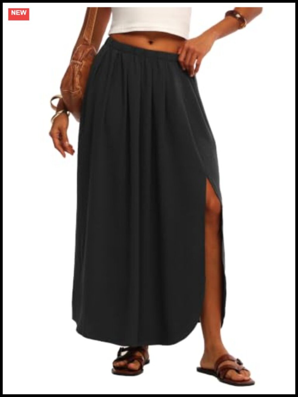 High Waisted A-Line Maxi Skirt Side Slit Pockets Flowy 100% Polyester